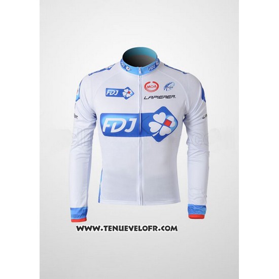 2010 Maillot Ciclismo FDJ Blanc et Bleu Clair Manches Longues et Cuissard